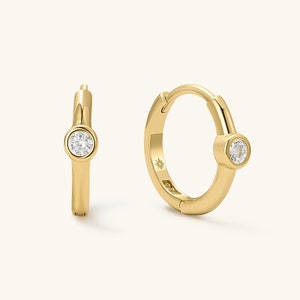14K Gold Hoop Earrings Bezel Diamond Huggie Hoops Gold Hoop Earrings Diamond Earrings Huggie Earrings Gold Earrings Mom Gift for Her