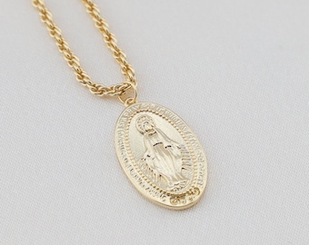 18K Gold Virgin Mary Necklace Gold Necklace Necklaces for Women Coin Necklace Virgin Mary Pendant Miraculous Medal Mom Gift for Her