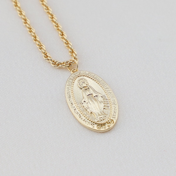 18K Gold Jungfrau Maria Halskette Goldkette Halsketten für Frauen Münze Halskette Jungfrau Maria Anhänger Wunderbare Medaille Mama Geschenk für Sie