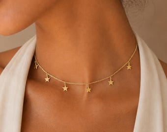 18K Gold Star Choker Necklace, Dainty Layered Necklace, Christmas Gifts for Her
