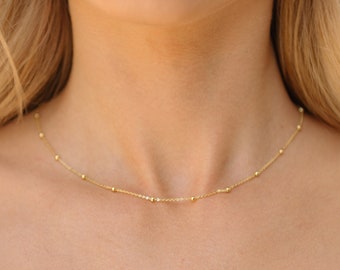 14K Gold Beaded Necklace Satellite Necklace Choker Necklace Gold Chain Necklace Minimalist Necklace Layering Necklace Gift for Her