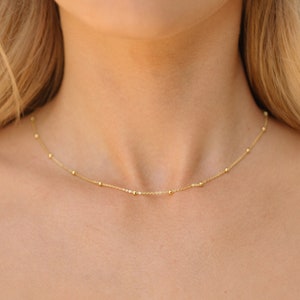 14K Gold Beaded Necklace Satellite Necklace Choker Necklace Gold Chain Necklace Minimalist Necklace Layering Necklace Mom Gift for Her