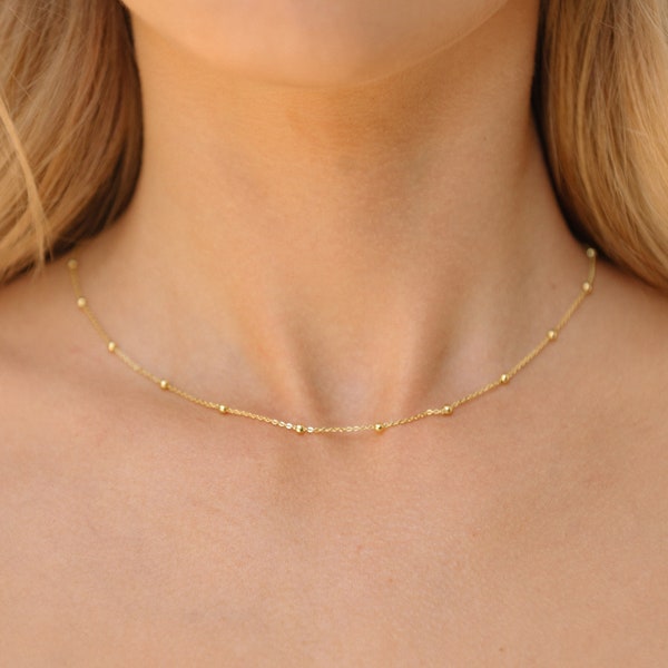 14K Gold Beaded Necklace Satellite Necklace Choker Necklace Gold Chain Necklace Minimalist Necklace Layering Necklace Gift for Her