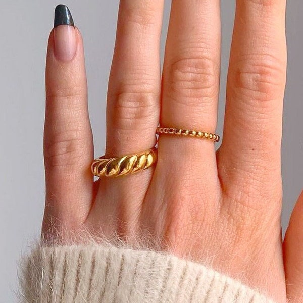 18k Croissant Ring Gold Rings for Women Dome Ring Twisted Rope Ring Statement Ring Gold Chunky Ring Stacking Rings Signet Ring Gift for Her