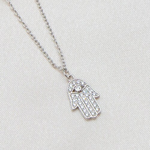 18K White Gold Hamsa Necklace Evil Eye 
