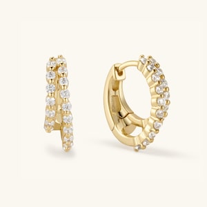 Double Hoop Huggie Earrings, Pave Gold Huggie Hoops, Diamond Earrings, Gold Hoop Earrings, Small Hoop Earrings Gold Hoops, Gift for Her