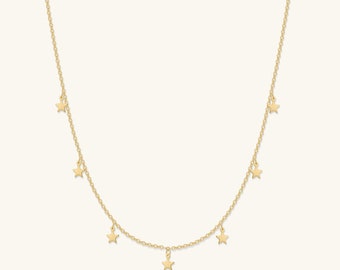 18K Gold Plated Star Choker Necklace, Layered Dangling Stars, Everyday Wear