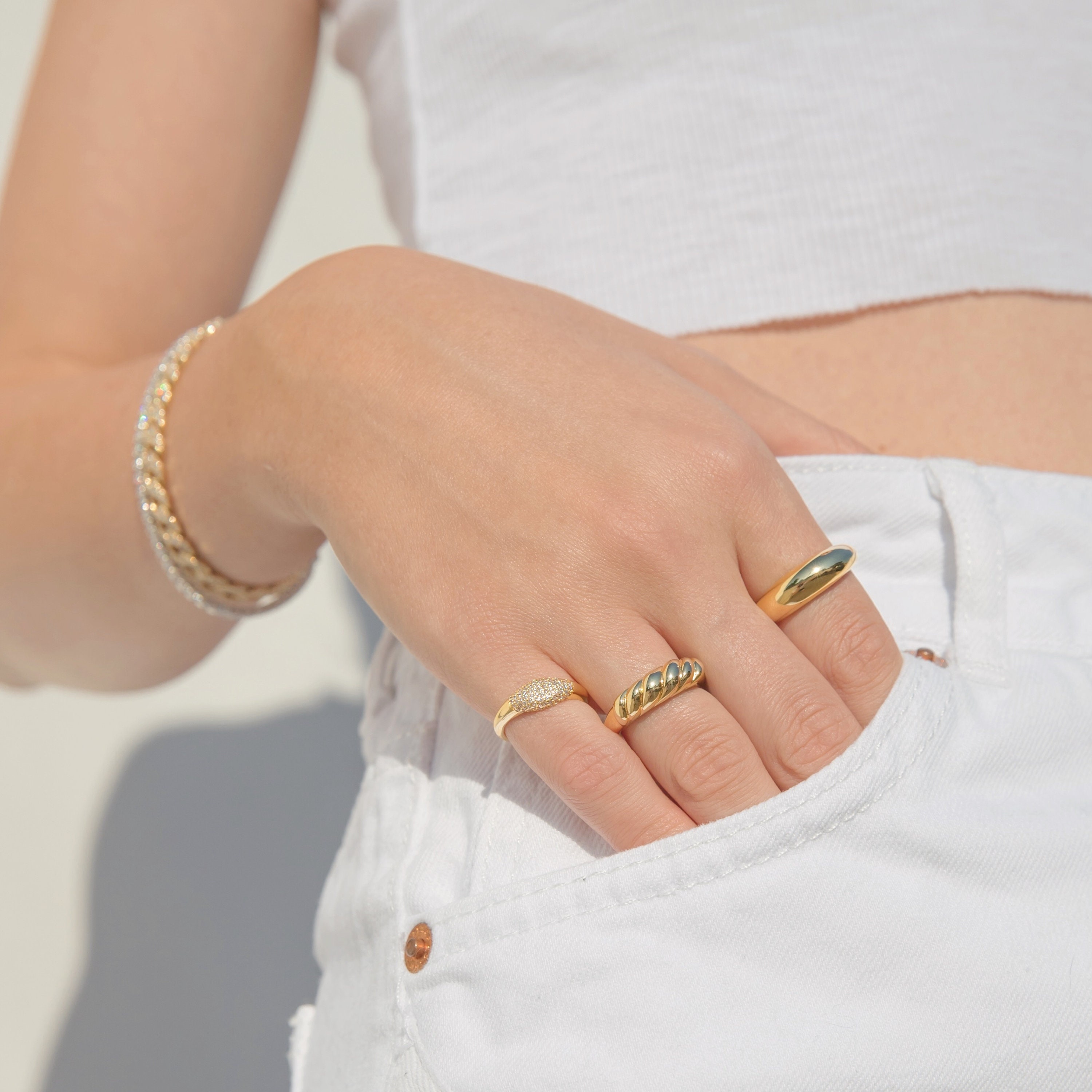 18k Croissant Ring Gold Rings for Women Dome Ring Twisted Rope