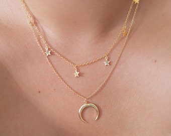 Collier étoile, collier lune, colliers en or pour femme, cadeau pour elle, colliers en or pour femme, collier avec pendentif superposé, croissant de lune