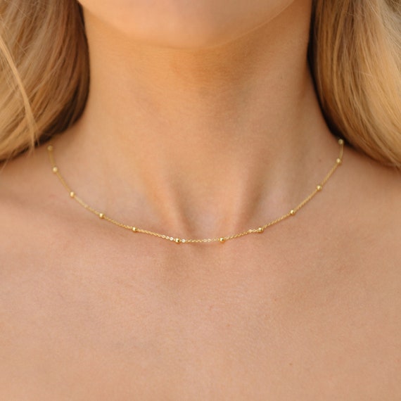 14K Gold Beaded Necklace Satellite Necklace Choker Necklace Gold Chain Necklace Minimalist Necklace Layering Necklace Mom Gift for Her