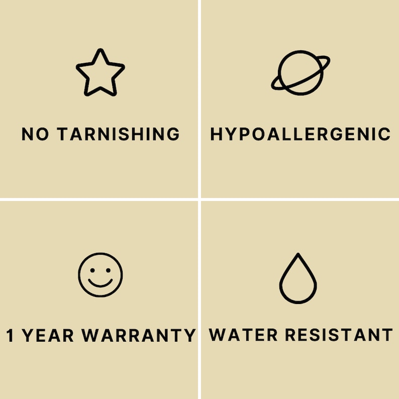 May include: A beige graphic with four quadrants featuring black line icons and text. The top left shows a star with NO TARNING, top right a planet with HYPOALLERGENIC, bottom left a smiley face with 1 YEAR WARRANTY, and bottom right a water drop with WATER RESISTANT.