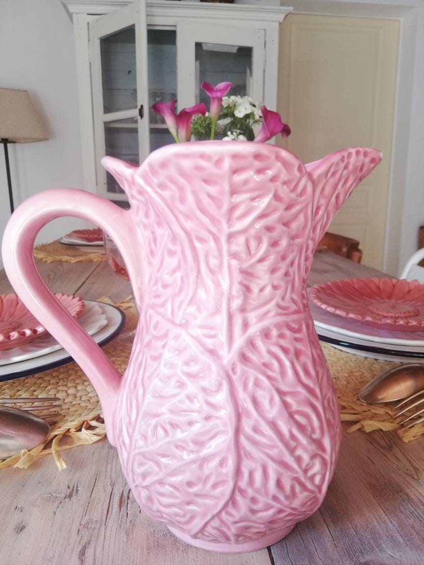 Pichets Vase Vintage Feuilles de Chou Rose | Rare...vintage Pitchers With Pink Cabbage Leaves | Rare