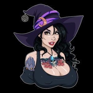 May include: A woman with long black hair wearing a black witch hat with a purple band and a crescent moon design. She has a skull and rose tattoo on her chest and a wolf tattoo on her arm.