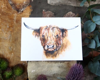 Highland Cow Greeting Card, White Linen, A6, Art, Prints, Highland Cow, Adorable, Scottish Art, Blank Card, Any Occasion, Card. Unique.