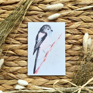 Carte de voeux mésange à longue queue, carte en lin blanc, oiseaux, carte oiseau de jardin, aquarelle, impression d'oeuvre d'art, oiseau, A6, cartes vierges, haute qualité.
