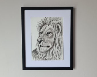 Lion Drawing, Charcoal and Pencil Drawing, Framed, Animal Drawing, Perfect Gift, Lion Pride, Home Decor, Gift, Lion, Scottish Art, 22x27cm.