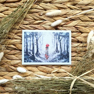 Carte de voeux de promenade enneigée. Lin blanc. Carte A6 vierge. Amoureux. Noël. Saint-Valentin. Scène de neige. Impressions d'oeuvres d'art. Cartes écossaises.