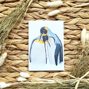Cartes de voeux de pingouin. Âmes sœurs. Carte vierge A6. Carte unique. Animal. Impression aquarelle. Carte des amoureux. Haute qualité. Lin blanc.
