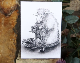 Knitting Sheep Greeting Card/ Print, Artwork, Print, Pencil Drawing, Cards, Blank Card, Knitting Card. Gift for Knitting, White Linen A6.