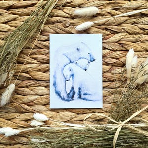 Biglietto d'auguri in lino bianco con orso polare e cuccioli, biglietto di Natale, vuoto, famiglia di orsi polari, qualsiasi occasione, biglietto per la festa del papà, stampa artistica. A6.