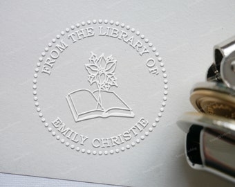 Personalized Embosser Stamp - From the library of - This book belongs to - Book lover gift - Birthmonth Flower on Book