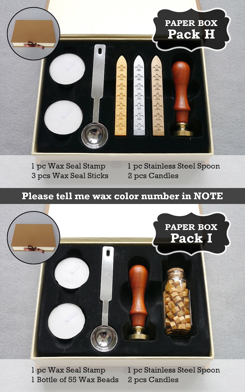 May include: Two open boxes containing wax seal kits. The top box contains a wax seal stamp, three wax sticks, a spoon, and two candles. The bottom box contains a wax seal stamp, a bottle of wax beads, a spoon, and two candles. The text "PAPER BOX Pack H" is on the top box and "PAPER BOX Pack I" is on the bottom box.