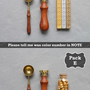May include: Two sets of wax seal kits, each with a wooden handle, a metal spoon, and wax. The first set includes three sticks of wax in gold, silver, and bronze. The second set includes a small glass jar of gold wax. The text "Pack D" and "Pack E" are written on black labels.