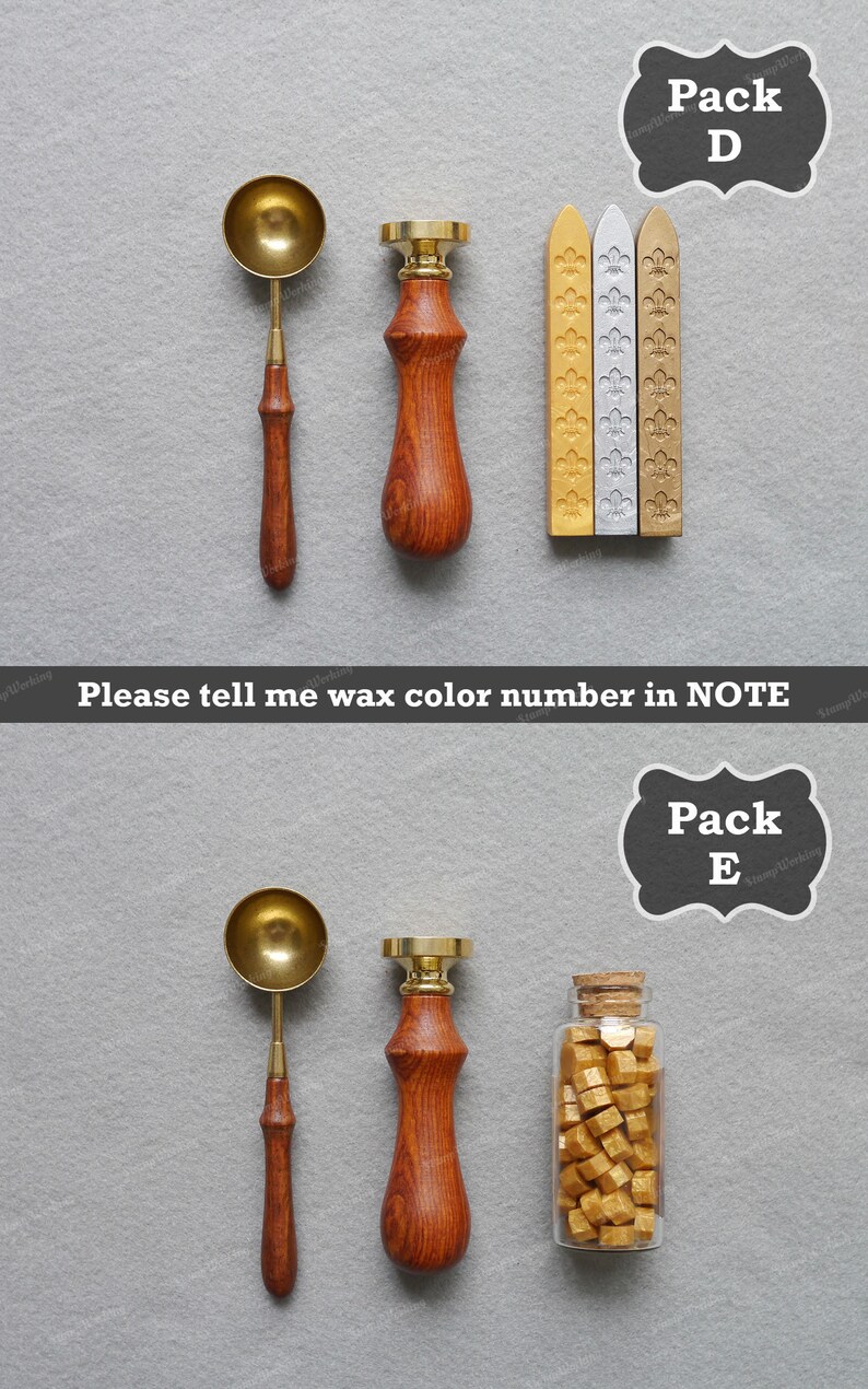 May include: Two sets of wax seal kits, each with a wooden handle, a metal spoon, and wax. The first set includes three sticks of wax in gold, silver, and bronze. The second set includes a small glass jar of gold wax. The text "Pack D" and "Pack E" are written on black labels.