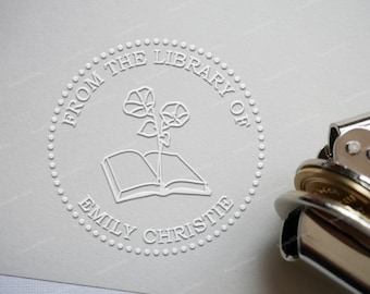 Custom Library Embosser Stamp - Birthmonth Flower on Book - Personalized Book Embosser Stamp - Monogram Embosser Stamp