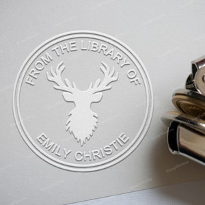 Timbro goffratore personalizzato - Timbro goffratore libro personalizzato - Timbro goffratore biblioteca - Timbro goffratore monogramma - Testa di alce