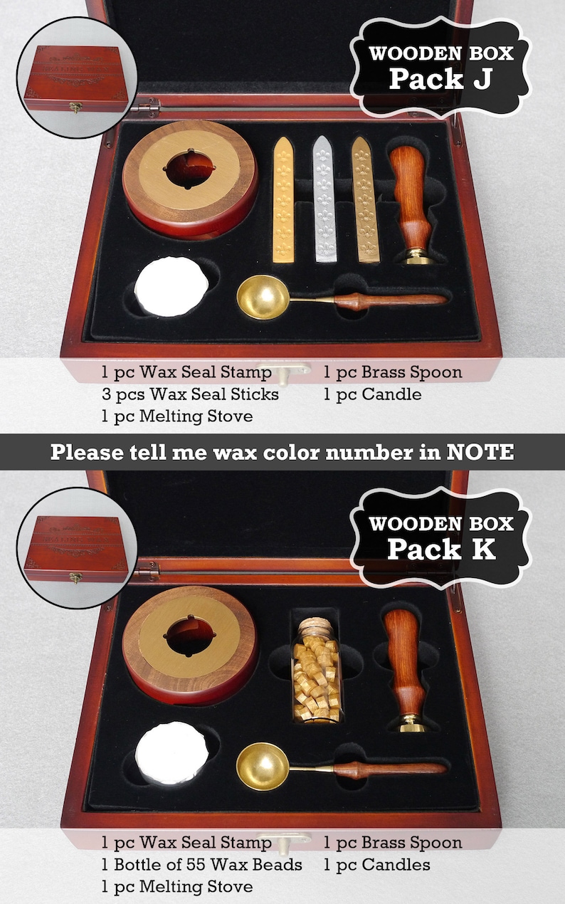 May include: Two open wooden boxes with black velvet interiors containing wax seal kits. The top box contains a wax seal stamp, three wax sticks, a melting stove, a brass spoon, and a candle. The bottom box contains a wax seal stamp, a bottle of wax beads, a melting stove, a brass spoon, and a candle. Both boxes have a label that says "Wooden Box" and the pack letter.