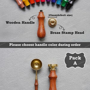 May include: A set of 10 wooden handles for a wax seal stamp in various colors, including yellow, orange, red, pink, purple, blue, cyan, green, and black. The handles are 25 mm in diameter and have a brass stamp head. The text "Please choose handle color during order" is visible below the handles. A wax seal stamp with a wooden handle and a brass head is shown below the text. A small spoon for melting wax is also shown. The text "Pack A" is visible in a black rectangle.