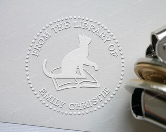 Custom Library Embosser Stamp - Cat on Book - Personalized Book Embosser Stamp - Library Stamp - Monogram Embosser Stamp - Hand Embosser