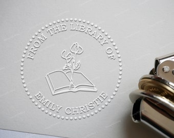 Personalized Book Embosser Stamp - From the library of - This book belongs to - Book lover gift - Birthmonth Flower on Book