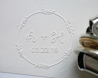 Custom Paper Embosser Stamp - Personalized Embossing Stamp - Custom Initials with Leaves Wedding Embosser Stamp - Embosser for Gift Package