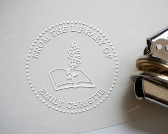 From the library of - Personalized Book Embosser Stamp - This book belongs to - Book lover gift - Birthmonth Flower on Book