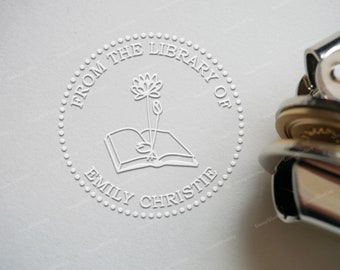 Personalized Book Embosser Stamp - Birthmonth Flower on Book - Custom Library Embosser Stamp - Monogram Embosser Stamp