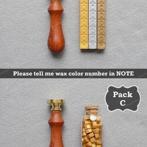 May include: Three wax seal stamp sets with different wax colors and styles. Pack B includes three wax sticks in gold, silver, and bronze. Pack C includes a small glass jar filled with gold wax beads. Each set includes a wooden handle with a brass top.