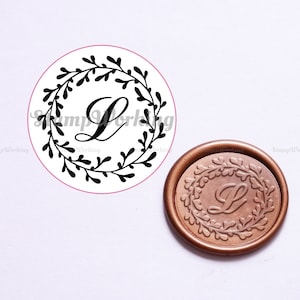 Timbre de sceau de cire de couronne personnalisé Initial with Leaves Wreath Wax Seal - Tampon de cire personnalisé - Kit de timbre de cire de cire - Sceau d’enveloppe