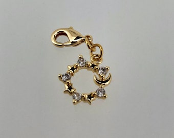 Star with moon, 18 kt. gold plated, star with rhinestones, pendant, charm bracelet, charm, boho, wedding, bridesmaid, best friend;