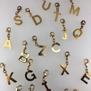 Letter Pendants, Alphabet, Charms, Friendship personalized gift Stainless steel gold-plated carabiner charm bracelet, chain image 1