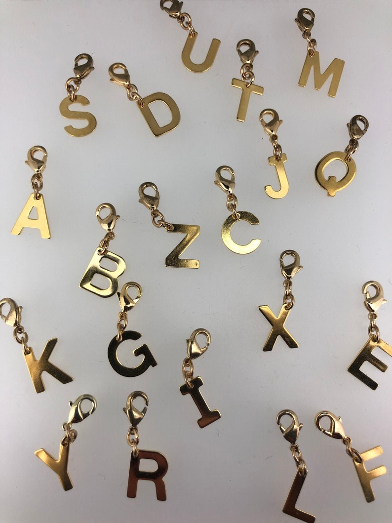 Letter Pendants, Alphabet, Charms, Friendship personalized gift Stainless steel gold-plated carabiner charm bracelet, chain image 1