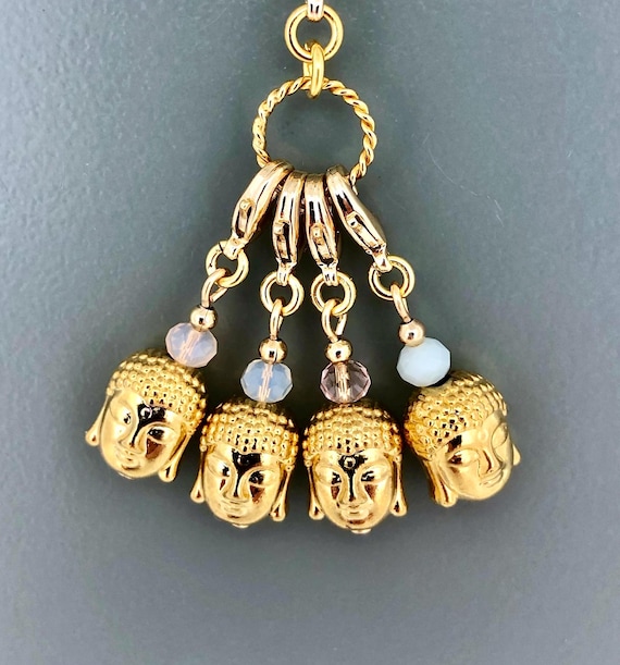 Tête de Bouddha dorée, Tibet, pierres de verre, breloques, chaîne