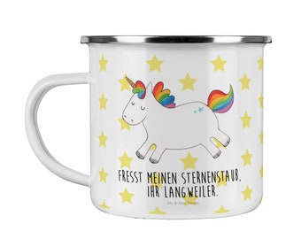 Camping Emaille Tasse Einhorn Happy - Geschenk, Unicorn, Spaß, Campingtasse, Einhörner, witzig, Einhorn Deko, Metalltasse, Trinkbecher,