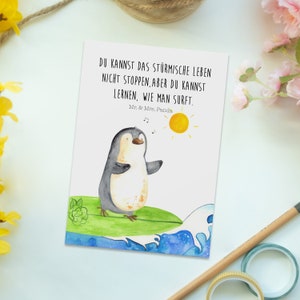 Postkarte Pinguin Surfer Geschenk, Wellen, Urlaub, Hawaii, Geschenkkarte, Einladung, Grußkarte, Ansichtskarte, Wellen reiten, Bild 2