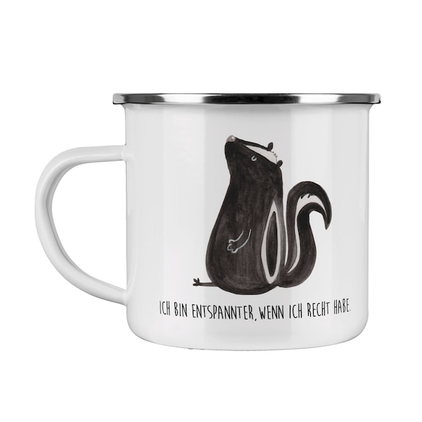 Camping Emaille Tasse Stinktier sitzend - Geschenk, Trinkbecher, Campingtasse, Outdoor Tasse, Skunk, Raubtier, Metalltasse, Wildtier