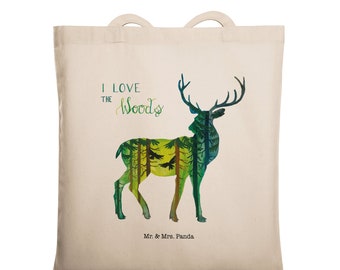 Tragetasche Hirsch I love the woods - Geschenk, Naturliebhaber, Blumen Deko, Einkaufstasche, Jutebeutel, Wald, Natur, Outdoor, Stoffbeutel,