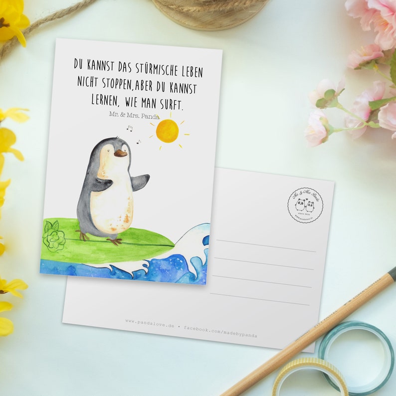 Postkarte Pinguin Surfer Geschenk, Wellen, Urlaub, Hawaii, Geschenkkarte, Einladung, Grußkarte, Ansichtskarte, Wellen reiten, Bild 3
