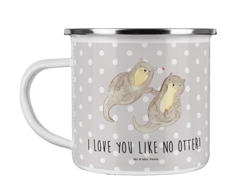 Camping Emaille Tasse Otter händchenhaltend - Geschenk, Metalltasse, glücklich, Otter Seeotter See Otter, Seeotter, Campingtasse,