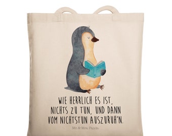 Tragetasche Pinguin Buch - Geschenk, Stoffbeutel, Bücherwurm, Jutebeutel, Einkaufstasche, Beutel, Freizeit, Beuteltasche, Ferien,